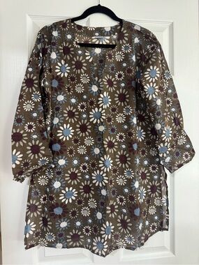 Floral Button-Front Tunic in Olive with Blue & White Flowers